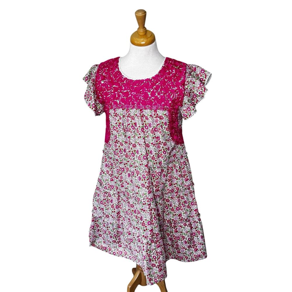 J. MARIE Rosa Mini Dress with  Pink Embroidered Yoke and floral tiered skirt